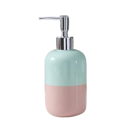 Dispenser sapone ceramica rosa e blu.