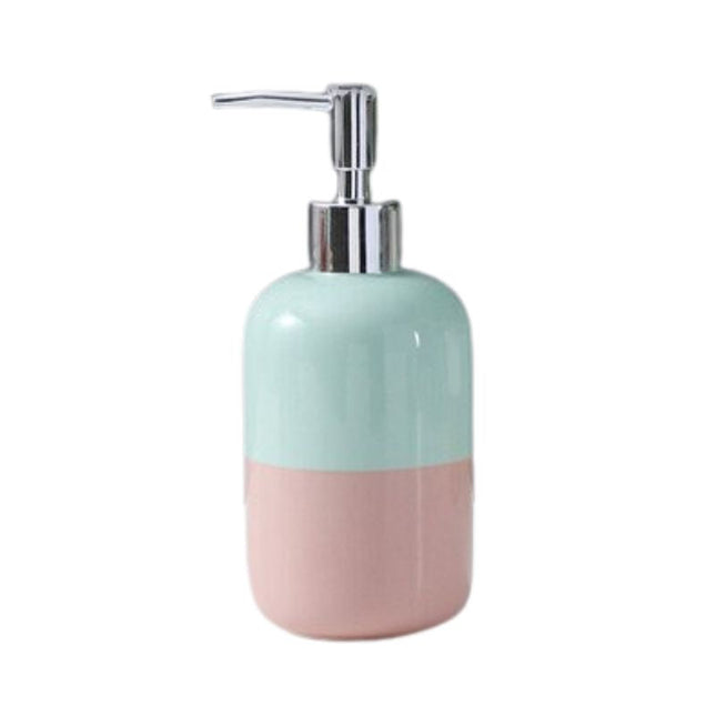 Dispenser sapone ceramica rosa e blu.