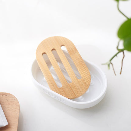 Portasapone bianco ovale con inserto bambù