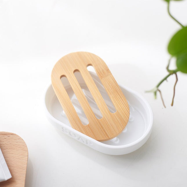 Portasapone bianco ovale con inserto bambù