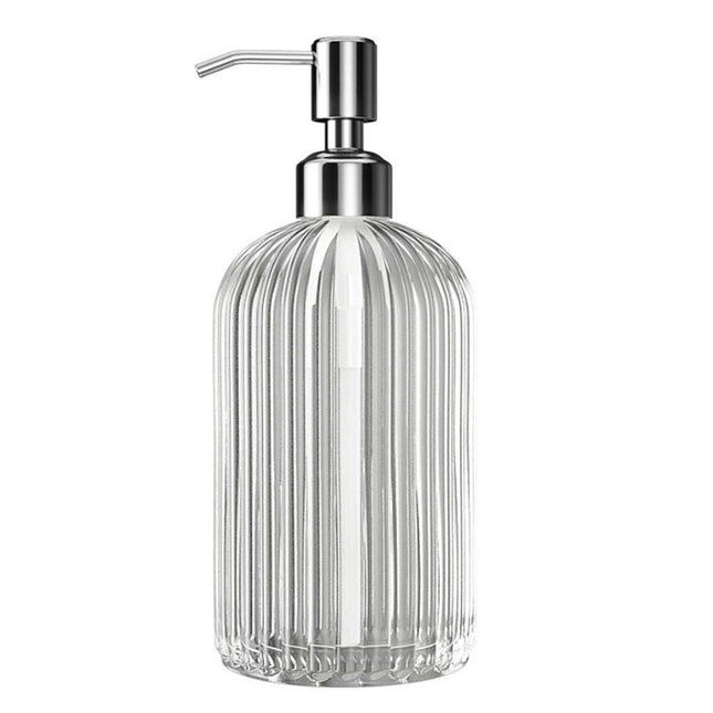 Dispenser sapone in vetro rigato trasparente.