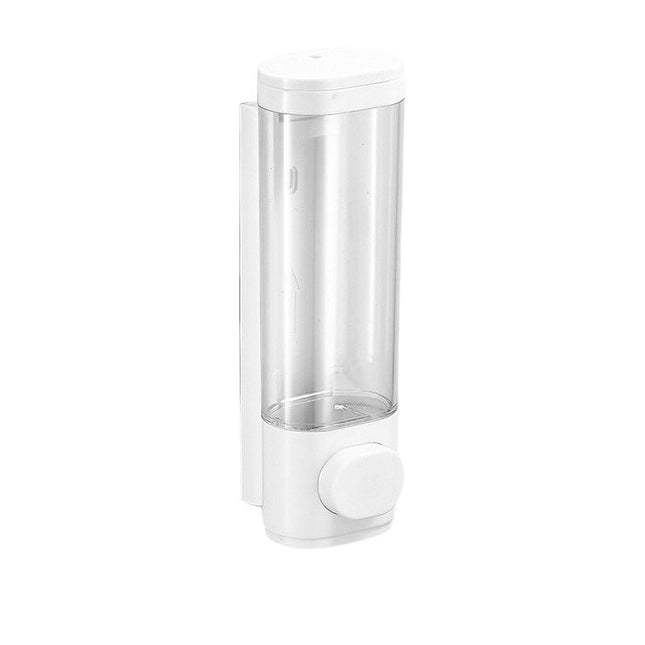 Dispenser sapone da parete trasparente.