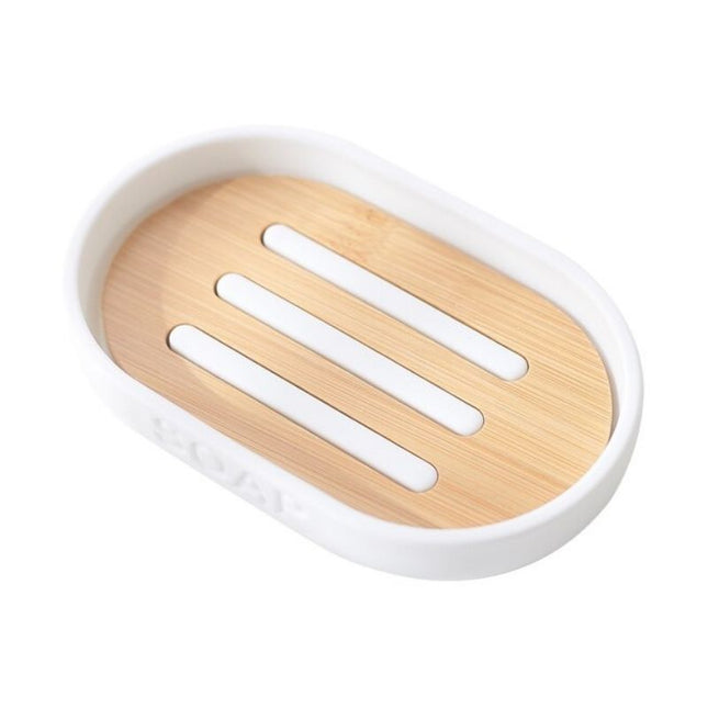 Portasapone bianco ovale con inserto bambù