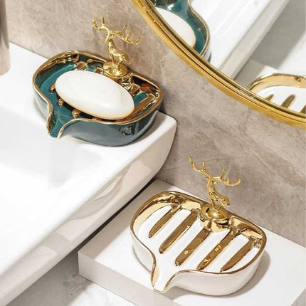 Portasapone decorativo cervo dorato ceramica